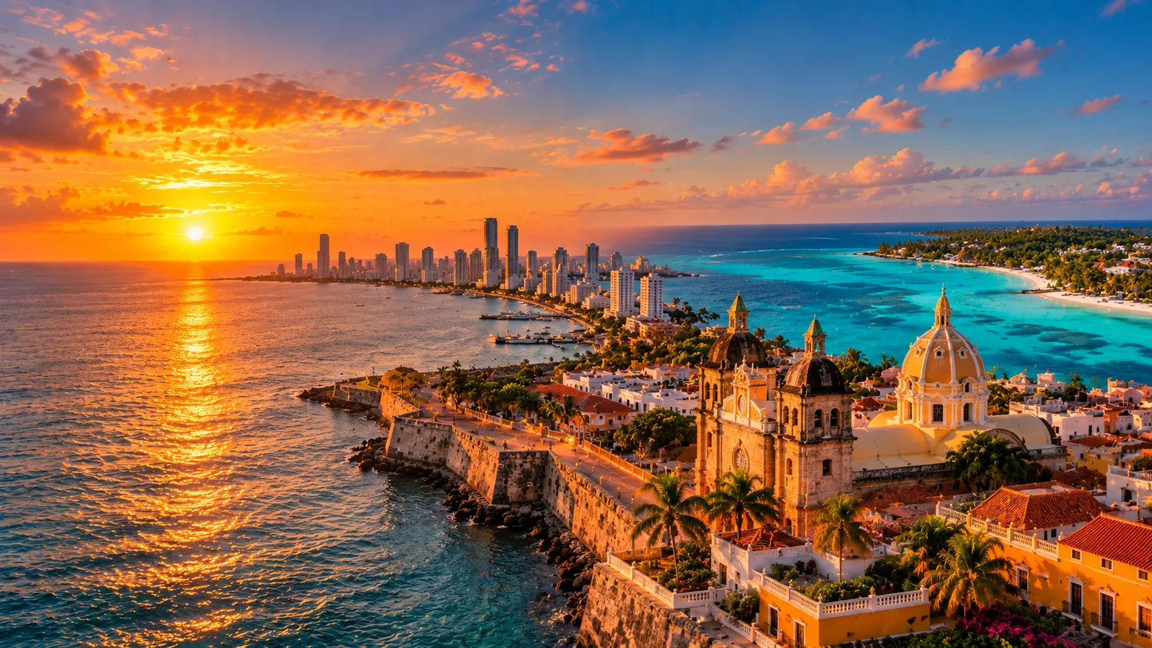 Cidade amuralhada de Cartagena e sua catedral junto ao mar ao pôr do sol.