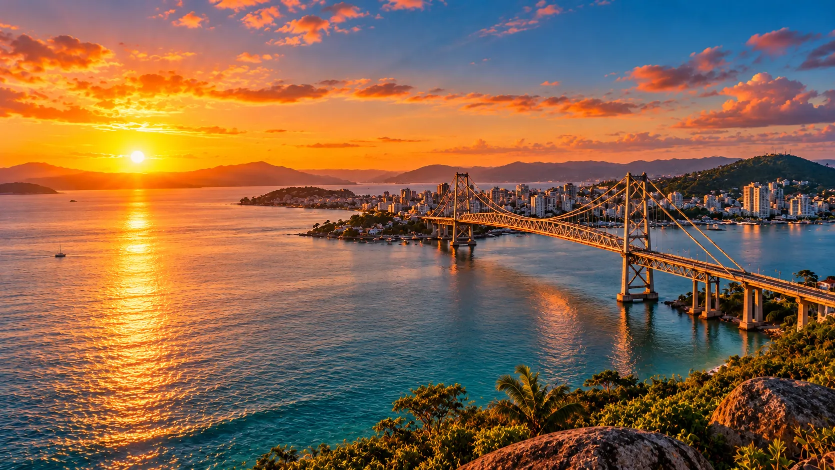 Ponte Hercílio Luz sobre a baía de Florianópolis ao pôr do sol.