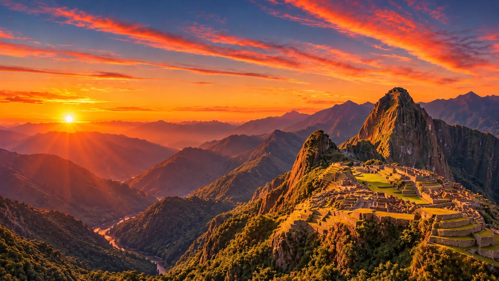 Machu Picchu e as montanhas dos Andes ao amanhecer dourado.