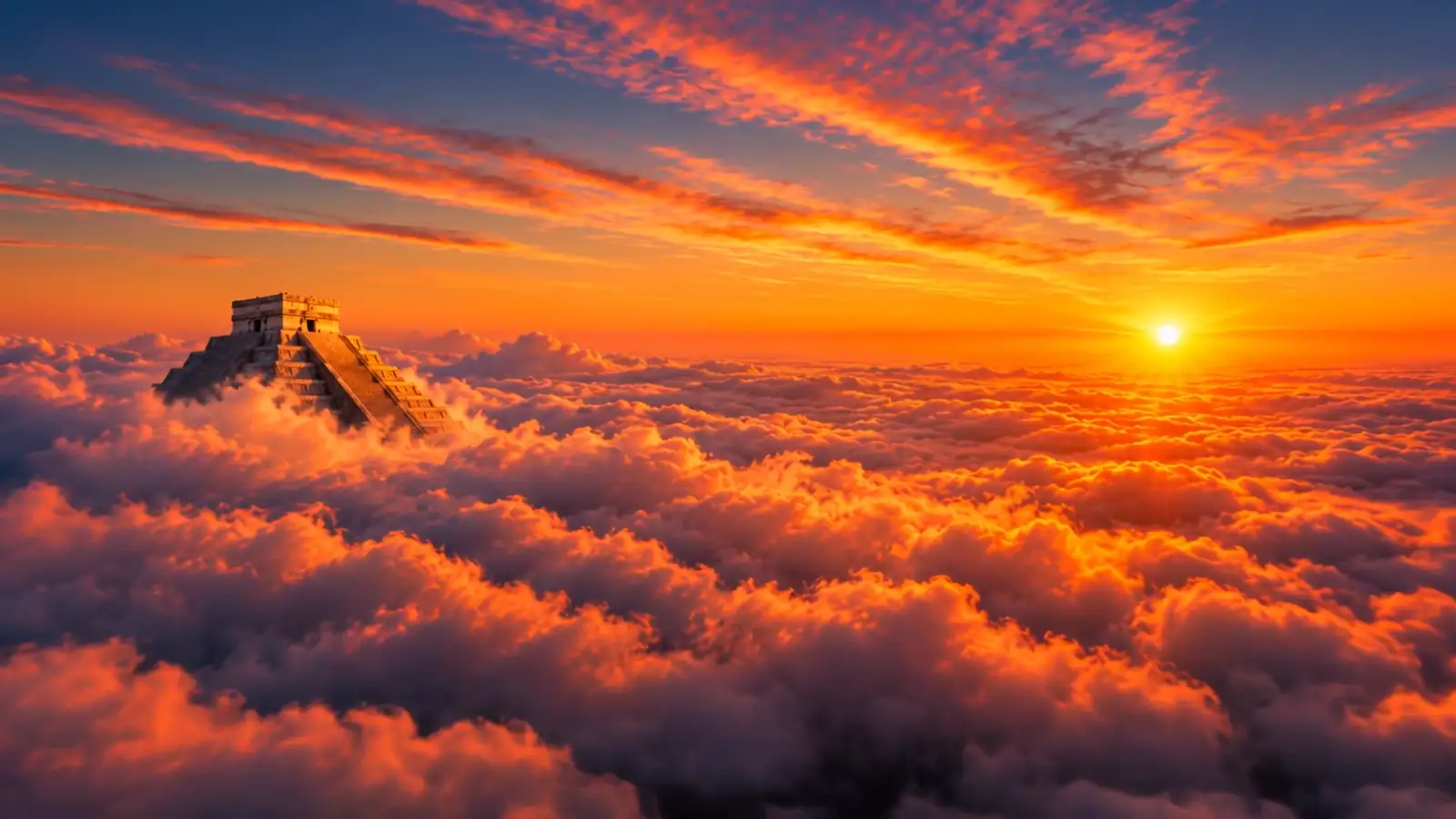 Pirâmide de Chichén Itzá entre as nuvens ao pôr do sol.